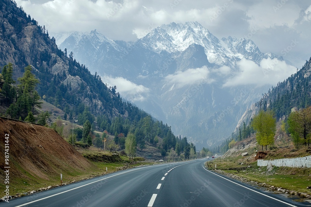 Fototapeta premium The highway is quiet and looks like a beautiful mountain .generative ai