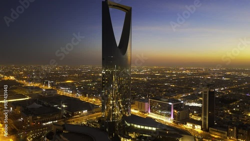 Drone shot flying. Saudi Arabia. Riyadh. Kingdom tower. Sunset. Evening.