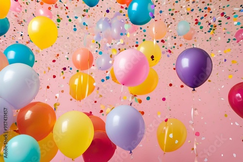 Birthday Cake with balloons, a joyful background beautifully decorated birthday vibes, happy birthday, Generative AI