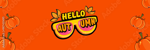 Super Hello Autumn vector banner with text and retro yellow sunglasses isolated on stripped background. Hello Autumn poster design template with cartoon sunglasses, retro rainbow, good vibes