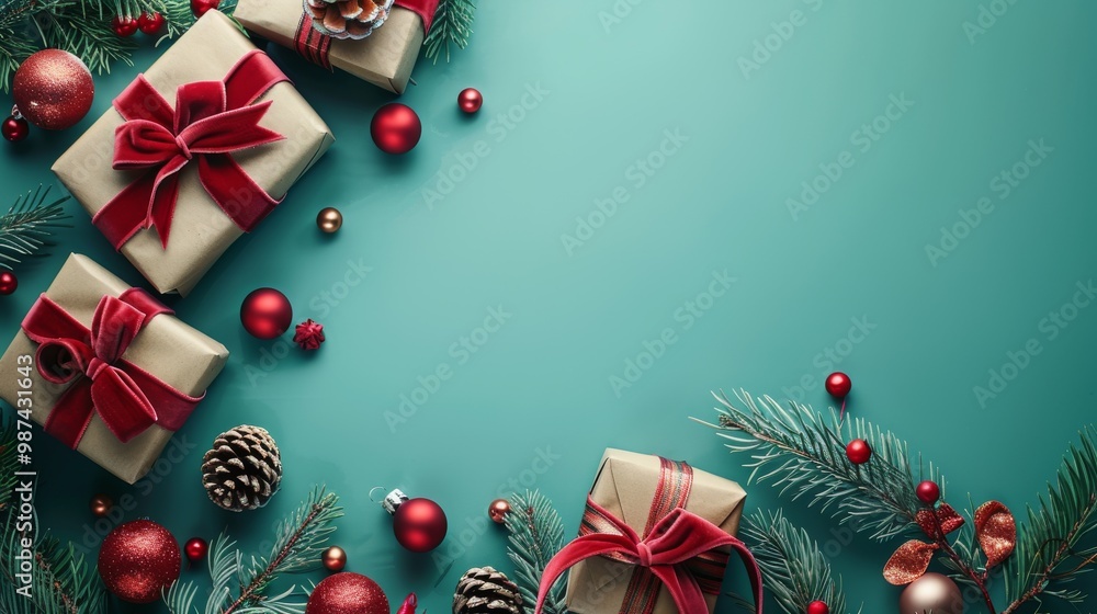 A festive Christmas banner with gift boxes wrapped in velvet ribbons and paper decorations on a turquoise background A festive Christmas banner with gift boxes wrapped in velvet ribbons and paper decorations on a turquoise background