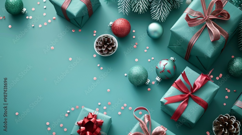 A festive Christmas banner with gift boxes wrapped in velvet ribbons and paper decorations on a turquoise background A festive Christmas banner with gift boxes wrapped in velvet ribbons and paper decorations on a turquoise background