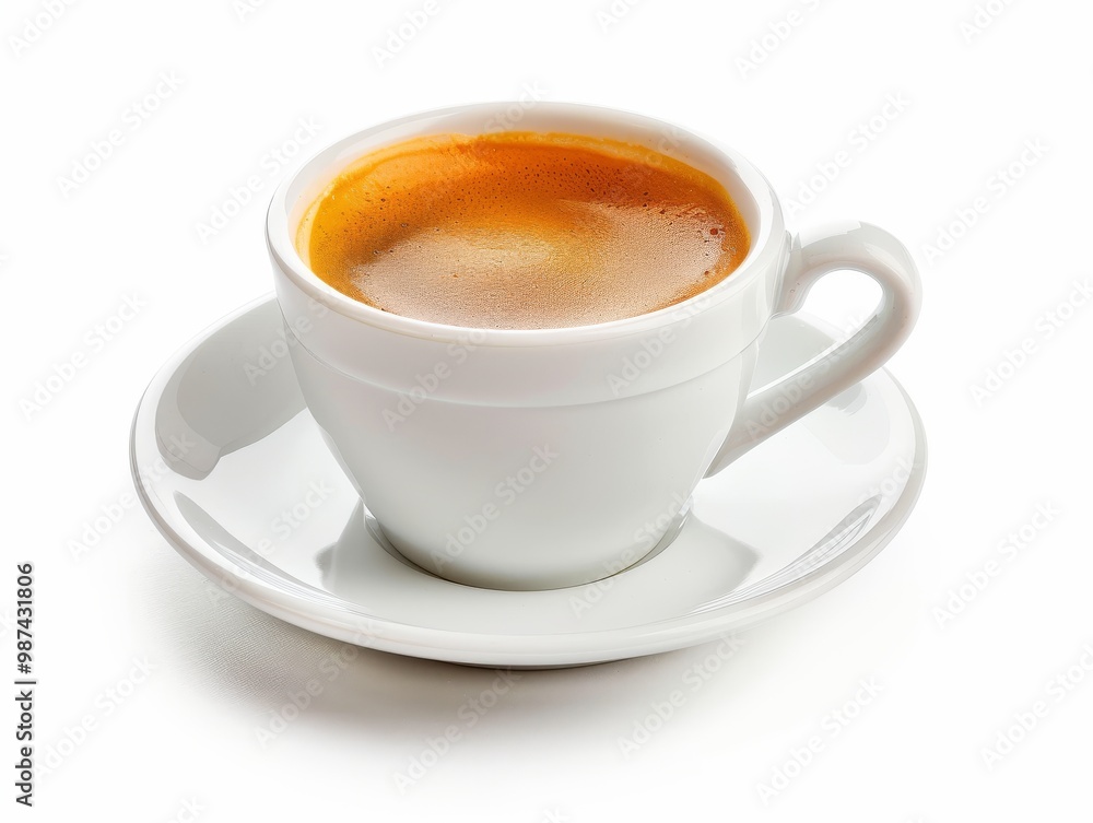 A freshly brewed espresso in a small white cup, isolated on a white background A freshly brewed espresso in a small white cup, isolated on a white background