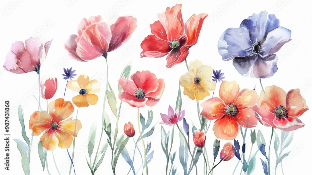 Watercolor illustration of a row of picturesque flowers, capturing the beauty of floral design. Watercolor illustration of a row of picturesque flowers, capturing the beauty of floral design.