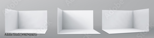 Vector 3D exhibition booth. Showroom. Square corner. Empty geometric square. Blank box template. White blank exhibition stand. Presentation event room.