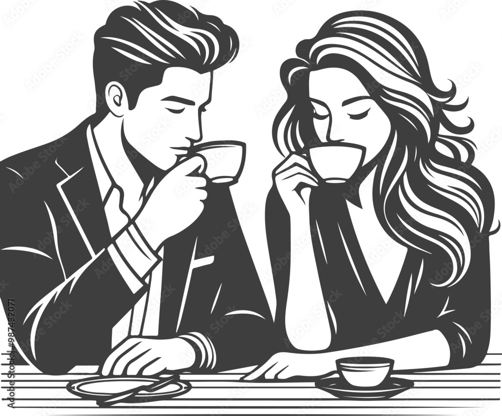 Wedding husband and wife are sitting at the table and drinking coffee silhouette vector design Wedding husband and wife are sitting at the table and drinking coffee silhouette vector design