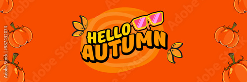 Super Hello Autumn vector banner with text and retro yellow sunglasses isolated on stripped background. Hello Autumn poster design template with cartoon sunglasses, retro rainbow, good vibes
