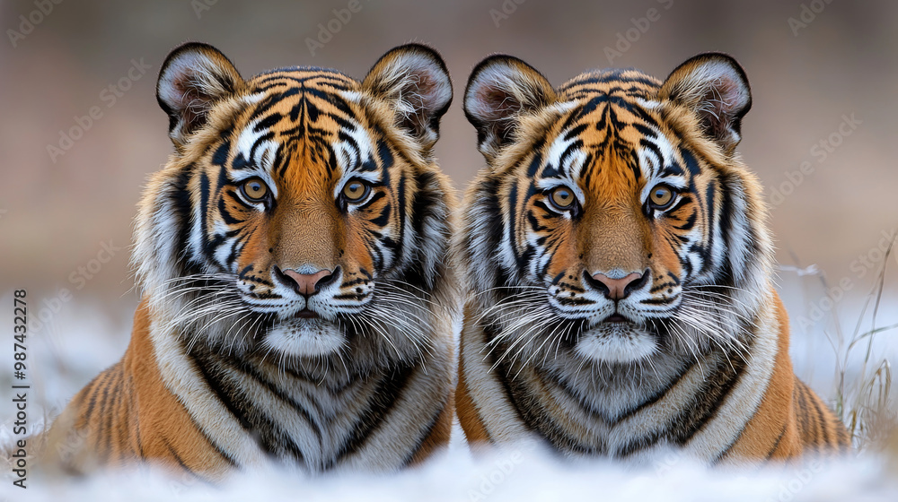 Fototapeta premium Two tigers looking intensely at the camera.