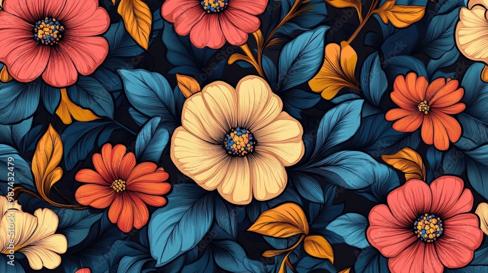A seamless flower pattern design, with detailed floral motifs repeating in vibrant colors, perfect for textiles or wallpapers A seamless flower pattern design, with detailed floral motifs repeating in vibrant colors, perfect for textiles or wallpapers