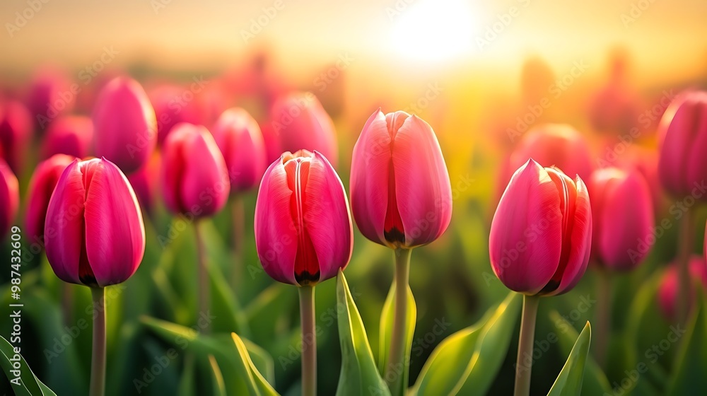 Pink Tulips Field at Golden Hour Pink Tulips Field at Golden Hour