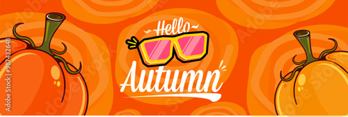 Super Hello Autumn vector banner with text and retro yellow sunglasses isolated on stripped background. Hello Autumn poster design template with cartoon sunglasses, retro rainbow, good vibes