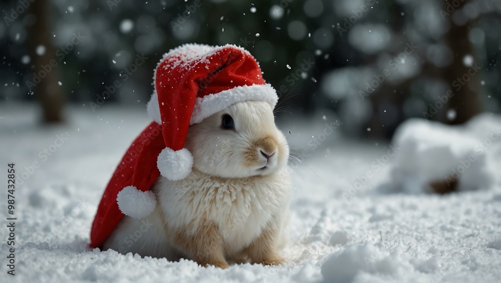 Tiny bunny in a Santa outfit in a snowy wonderland. Tiny bunny in a Santa outfit in a snowy wonderland.