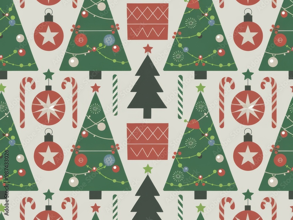 Festive christmas tree pattern with ornaments and candy canes
