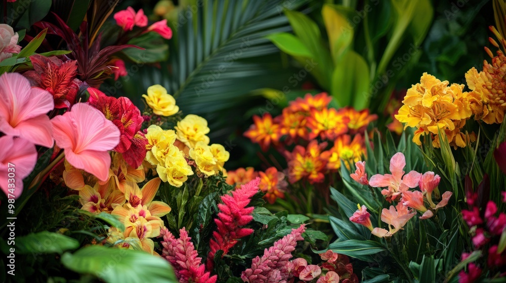 A collection of tropical flowers in a vibrant garden, showcasing exotic blooms in rich colors and unique shapes A collection of tropical flowers in a vibrant garden, showcasing exotic blooms in rich colors and unique shapes