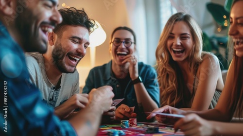 Happy group of friends sharing laughs and competition. Game night at home concept. Friendship and fun atmosphere.