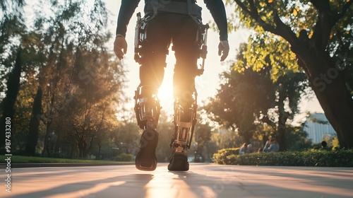 Person walking with robotic exoskeleton outdoors