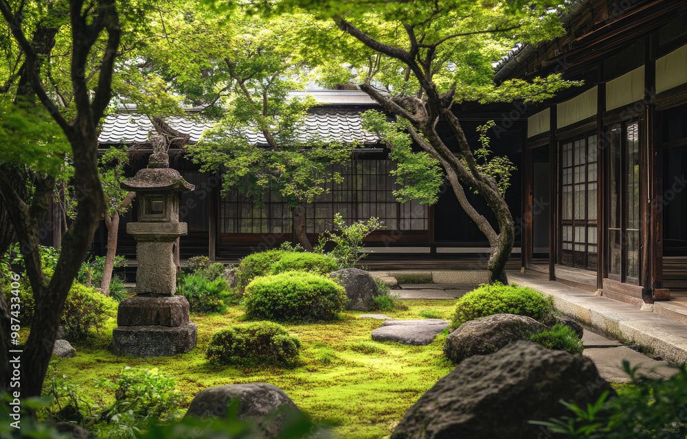 Temple's rock garden, surrounded by trees and stones in bright green hues under the sunlight, showcasing an ancient Japanese-style courtyard with traditional architecture.