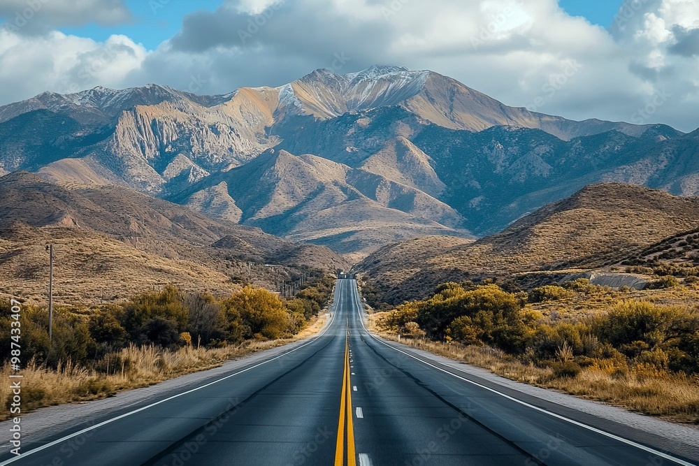 Naklejka premium The highway is quiet and looks like a beautiful mountain .generative ai