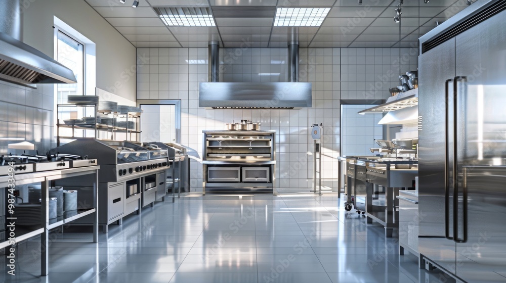 Professional bakery kitchen with stainless steel convection oven, freezer, and refrigerator. Professional bakery kitchen with stainless steel convection oven, freezer, and refrigerator.