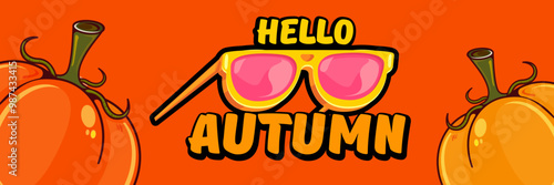 Super Hello Autumn vector banner with text and retro yellow sunglasses isolated on stripped background. Hello Autumn poster design template with cartoon sunglasses, retro rainbow, good vibes