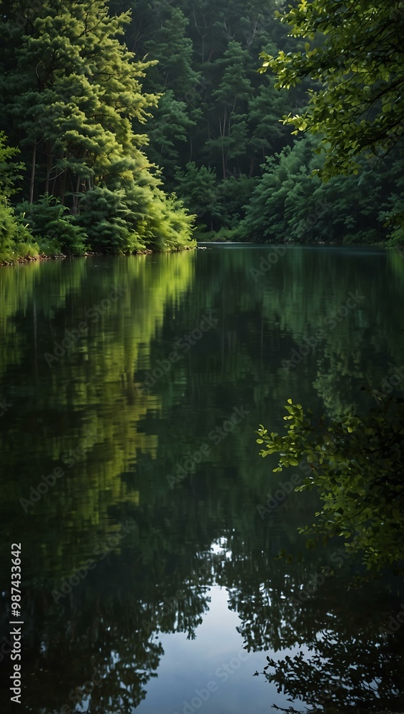 Tranquil forest lake at dawn reflecting lush greenery for a peaceful vibe. Tranquil forest lake at dawn reflecting lush greenery for a peaceful vibe.