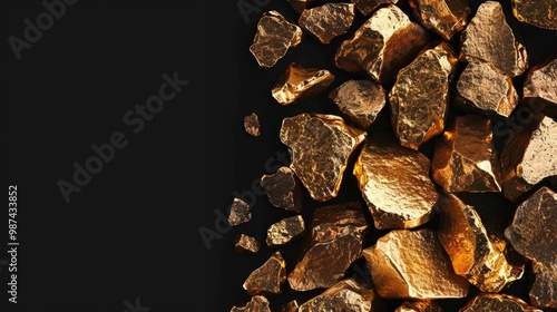 Shimmering gold nuggets on a black background, symbolizing wealth, mining, and success. Ample copy space for text.