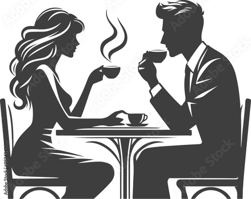 Wedding husband and wife are sitting at the table and drinking coffee silhouette vector design