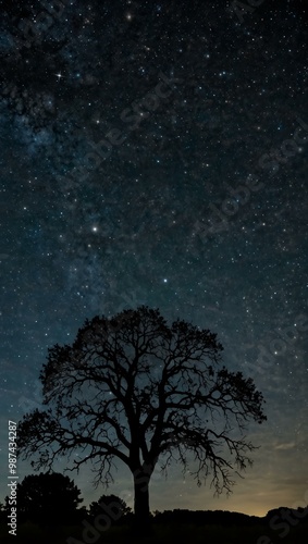 Tree silhouette against a starry night sky.