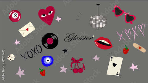 Stickers set, disco ball, lana del rey vibe, vinyl record, red.