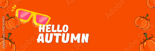 Super Hello Autumn vector banner with text and retro yellow sunglasses isolated on stripped background. Hello Autumn poster design template with cartoon sunglasses, retro rainbow, good vibes