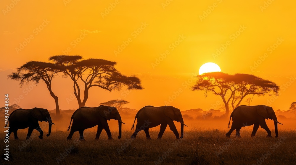 Elephants walking across the savannah at sunset, acacia trees in the background silhouetted by the orange sky. Elephants walking across the savannah at sunset, acacia trees in the background silhouetted by the orange sky.