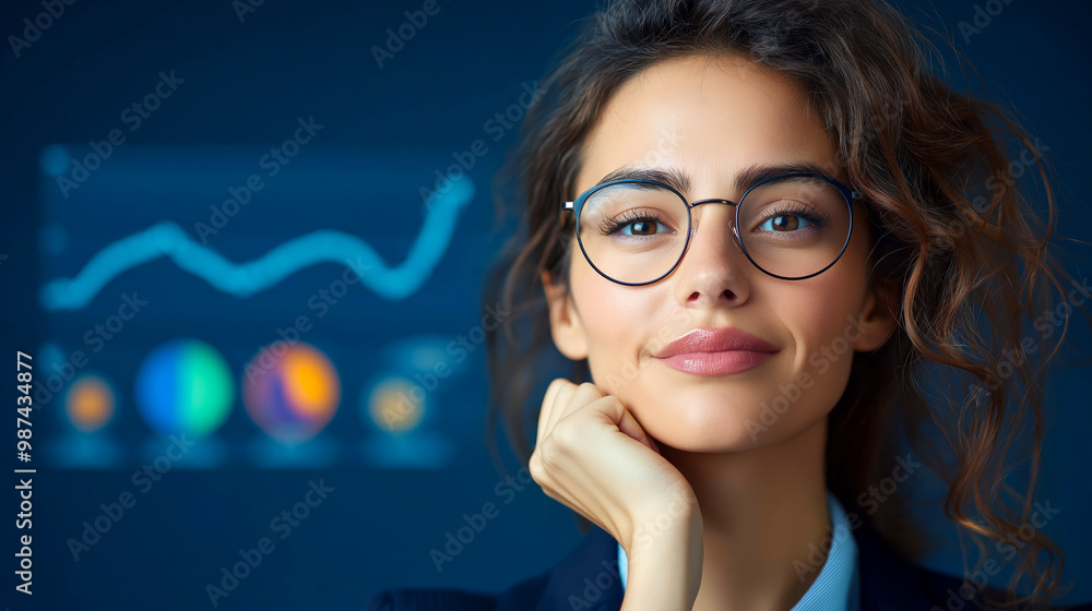 businesswoman wearing glasses and a suit with a confident smile set against a dark blue background with a graph chart and icons businesswoman wearing glasses and a suit with a confident smile set against a dark blue background with a graph chart and icons