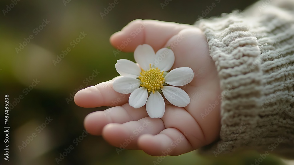 A small child's hand holding a white flower with a yellow center.
