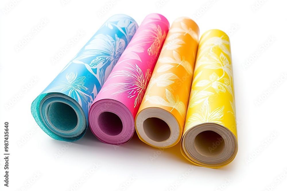 Three colorful wallpaper rolls isolated on white.generative ai Three colorful wallpaper rolls isolated on white.generative ai