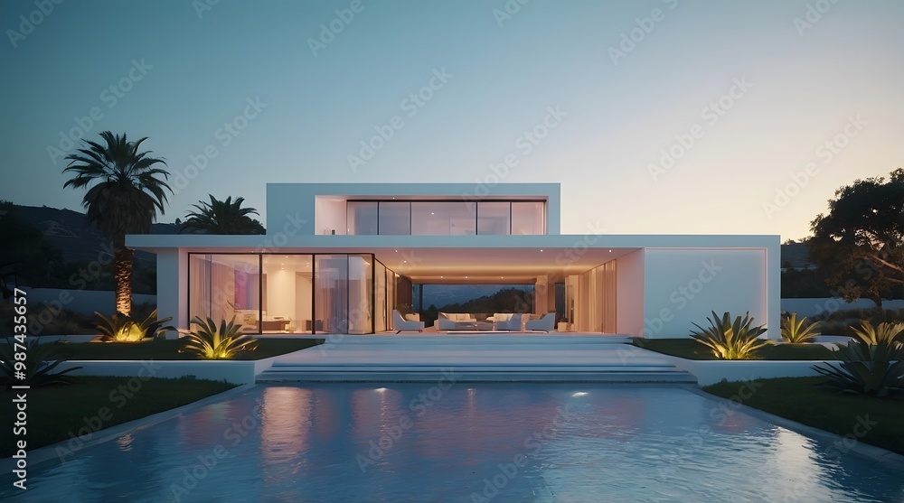 Fototapeta premium Modern and Contemporary Facade, Luxury Exterior Design, Detailed Design, Lighting, 