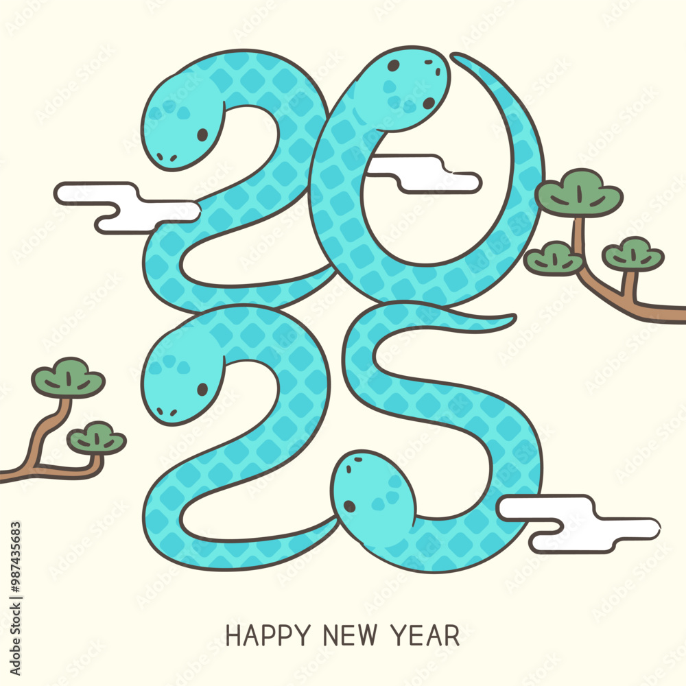 Obraz premium 2025년 새해 연하장 뱀 일러스트. 새해 인사 연하장