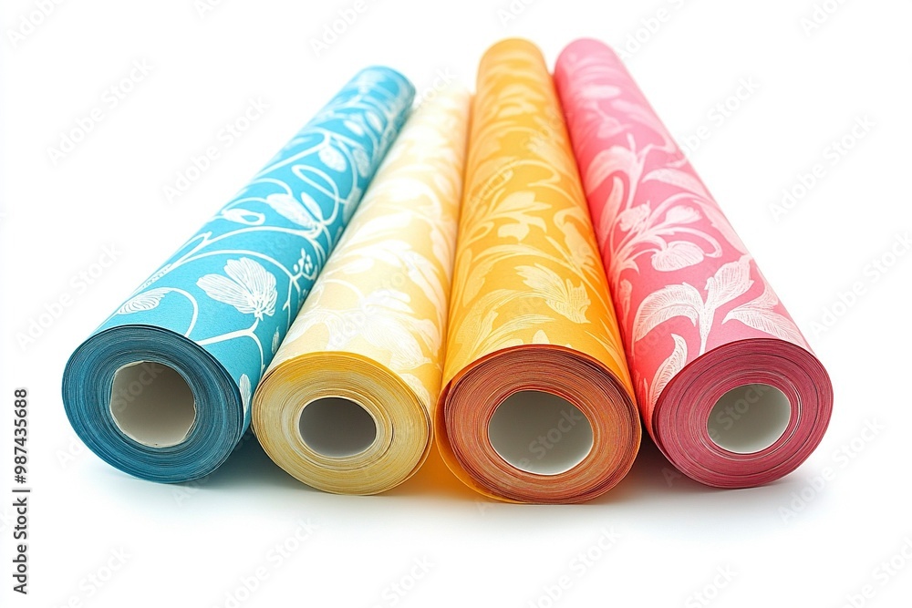 Three colorful wallpaper rolls isolated on white.generative ai Three colorful wallpaper rolls isolated on white.generative ai