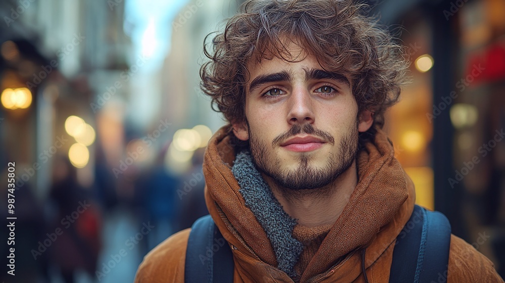 young european man with stubble and curly hair in a city street, reflecting his casual urban style and confident personality in an outdoor portrait setting young european man with stubble and curly hair in a city street, reflecting his casual urban style and confident personality in an outdoor portrait setting