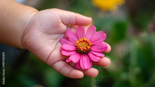 A small hand holding a pink flower, the fingers curled around the delicate petals.