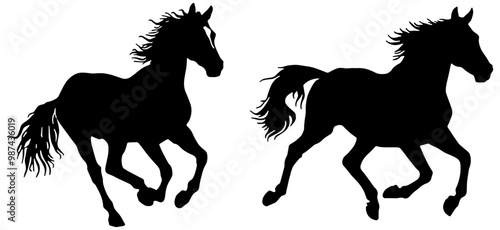 Silhouette of two horses running, isolated 