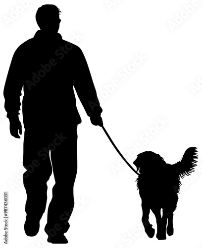 Silhouette of a man walking a dog on a leash