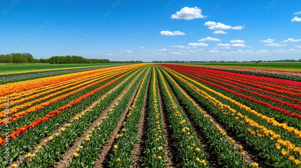 A wide flower field in full bloom, with rows of flowers stretching to the horizon under a clear blue sky A wide flower field in full bloom, with rows of flowers stretching to the horizon under a clear blue sky