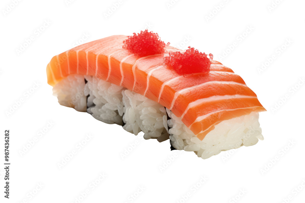 One piece salmon sushi Isolated on a white background Show details of meat, fish and rice One piece salmon sushi Isolated on a white background Show details of meat, fish and rice