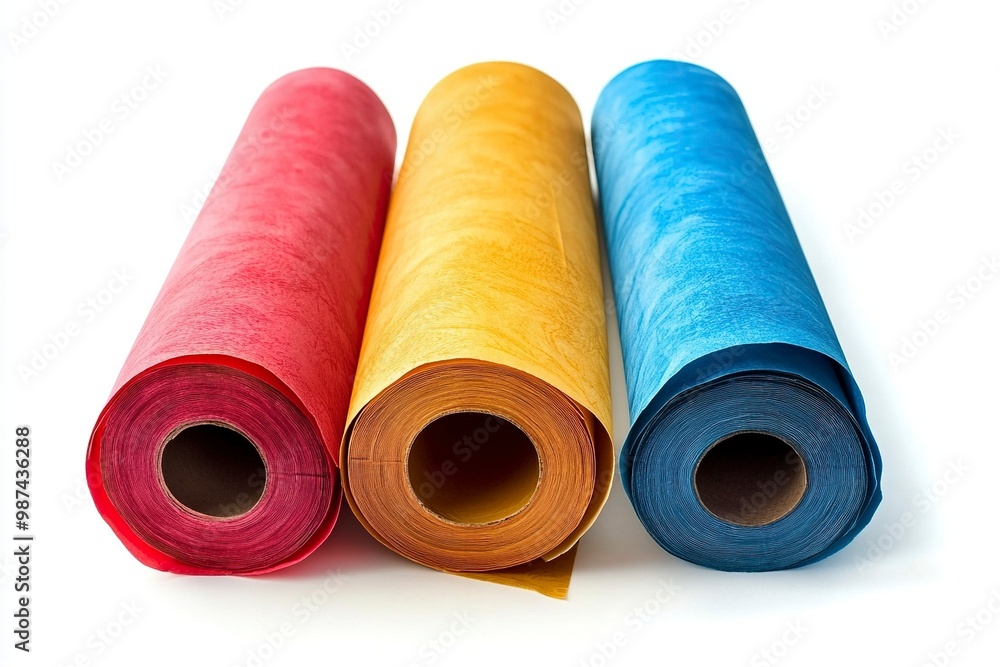 Three colorful wallpaper rolls isolated on white.generative ai Three colorful wallpaper rolls isolated on white.generative ai