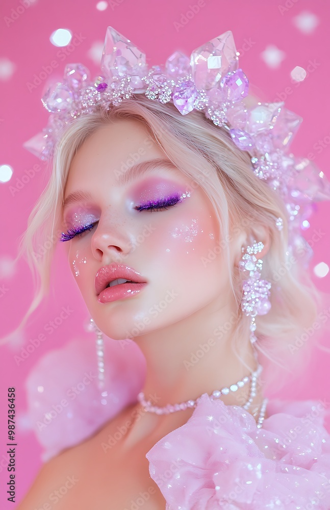 A beautiful young woman with blonde hair and makeup, wearing a crystal crown and earrings, posing against a pink background. A beautiful young woman with blonde hair and makeup, wearing a crystal crown and earrings, posing against a pink background.
