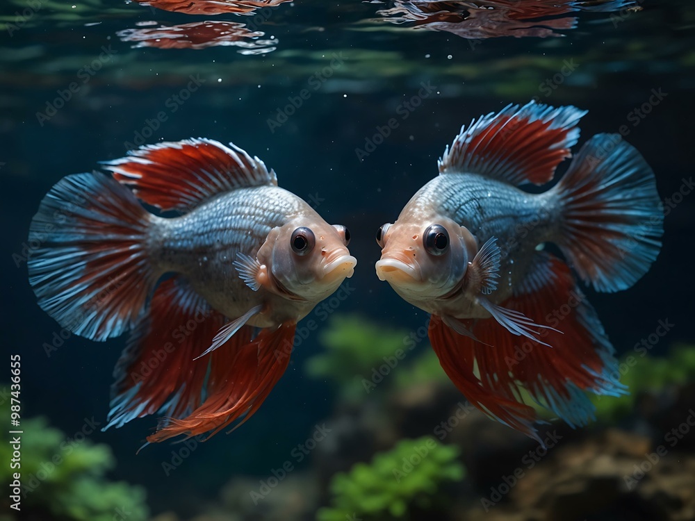 Two Siamese fighting fish kissing. Two Siamese fighting fish kissing.