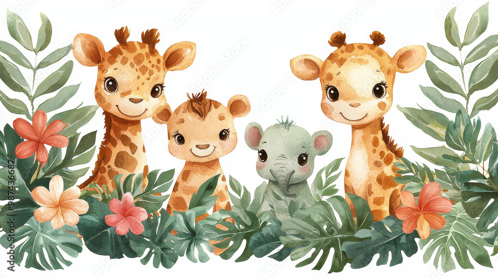 Naklejka premium Cute giraffes and elephant in jungle setting.