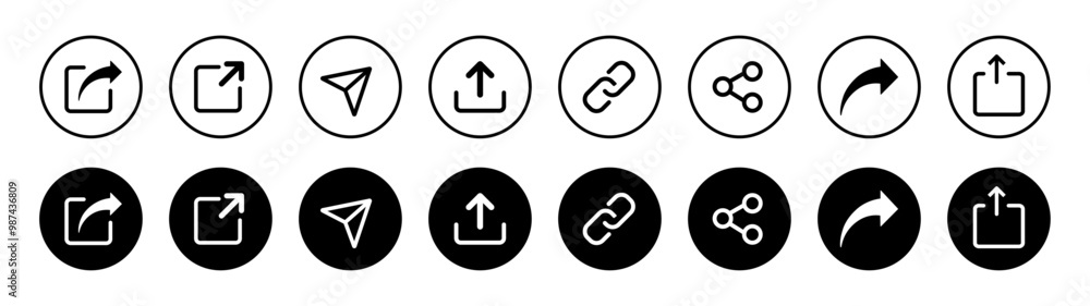Share icon buttons set. Share icon button set isolated on white background. Share icon in flat and outline style. Vector illustration. Share icon buttons set. Share icon button set isolated on white background. Share icon in flat and outline style. Vector illustration.