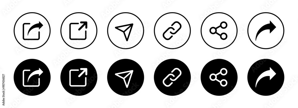 Share icon button set. Share button icon set isolated on white background. Share icon button in flat and outline style. Vector illustration.