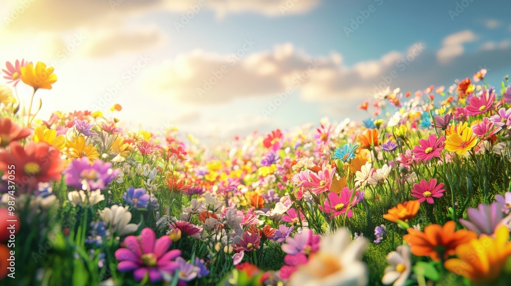 A vibrant flower garden in full bloom, with a variety of colorful flowers spreading across the landscape, set against a bright sky A vibrant flower garden in full bloom, with a variety of colorful flowers spreading across the landscape, set against a bright sky